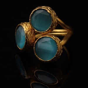 Colorful Ring, Teal and Sea Green Ring, Boho Ring, Cluster Ring, 22K Gold-Plated Ring, Art Deco Ring, Cat Eye Ring image 5