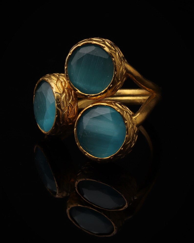 Colorful Ring, Teal and Sea Green Ring, Boho Ring, Cluster Ring, 22K Gold-Plated Ring, Art Deco Ring, Cat Eye Ring image 5