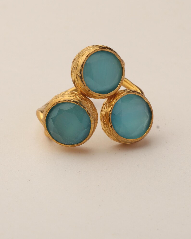 Colorful Ring, Teal and Sea Green Ring, Boho Ring, Cluster Ring, 22K Gold-Plated Ring, Art Deco Ring, Cat Eye Ring image 7
