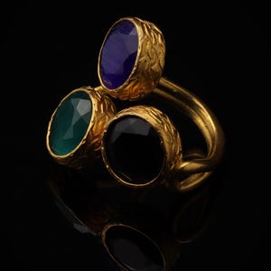 Colorful Ring, Unique Ring, Boho Ring, Art Deco Ring, Cobalt and Forest Green Ring, 22K Gold-Plated Ring, Vintage Style Ring image 5