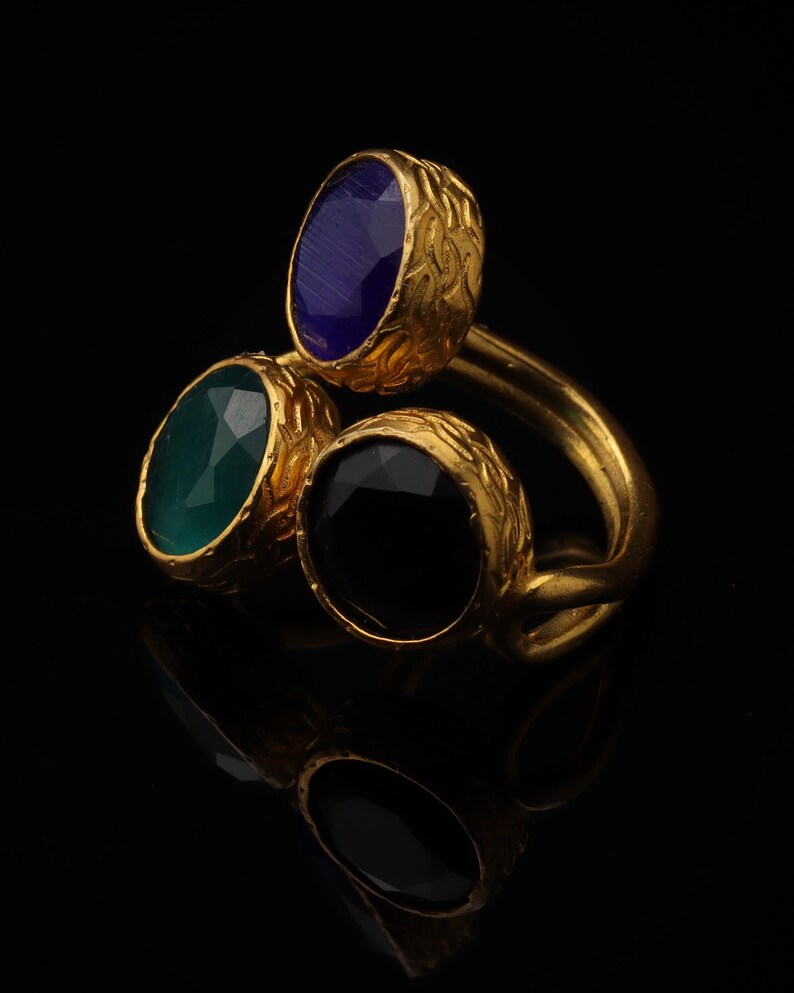 Colorful Ring, Unique Ring, Boho Ring, Art Deco Ring, Cobalt and Forest Green Ring, 22K Gold-Plated Ring, Vintage Style Ring image 5
