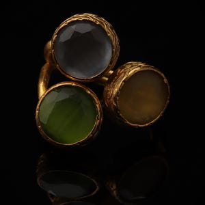 Grey and Green Cluster Ring, 22K Gold-Plated Adjustable Design image 1