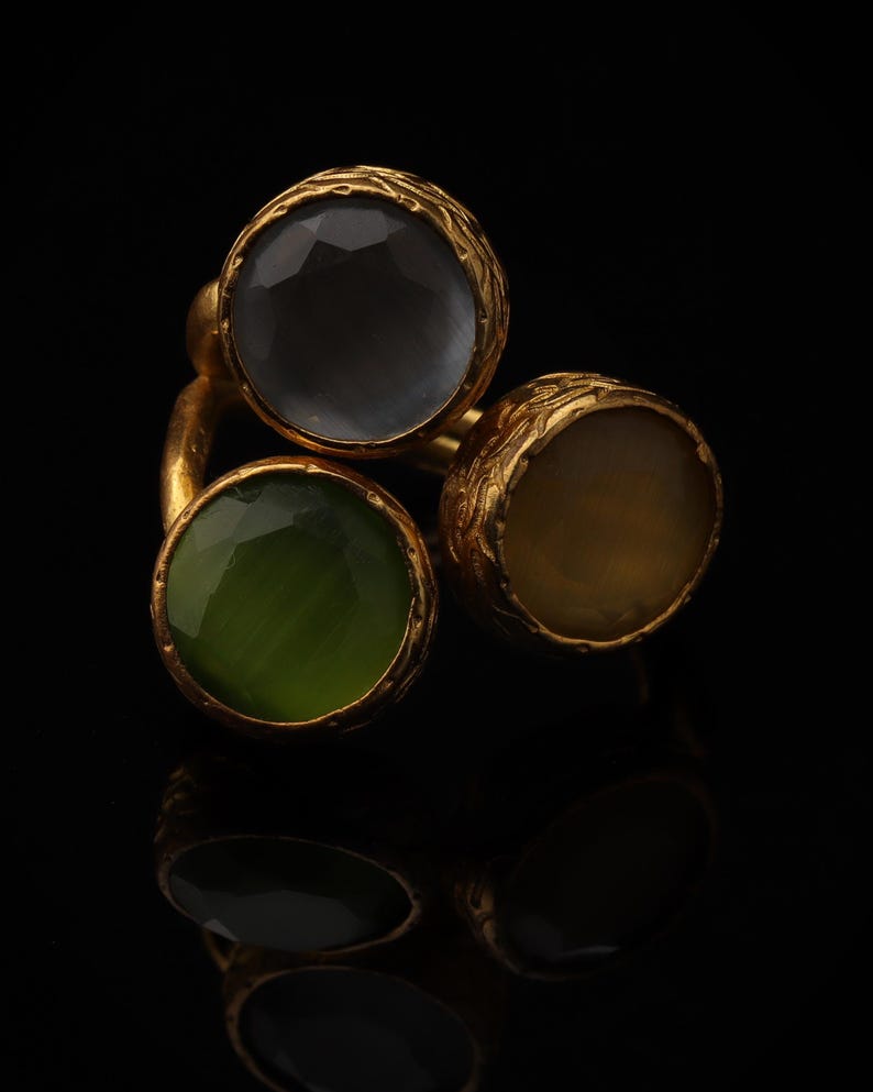 Grey and Green Cluster Ring, 22K Gold-Plated Adjustable Design image 1
