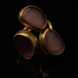 22K Gold-Plated Three Stone Ring, Cocktail Ring, Statement Ring, Heather Pink and Mulberry Ring, Chunky Ring, Gothic Ring image 3