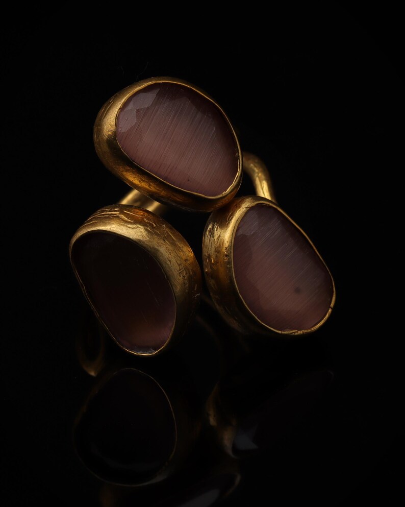 22K Gold-Plated Three Stone Ring, Cocktail Ring, Statement Ring, Heather Pink and Mulberry Ring, Chunky Ring, Gothic Ring image 3