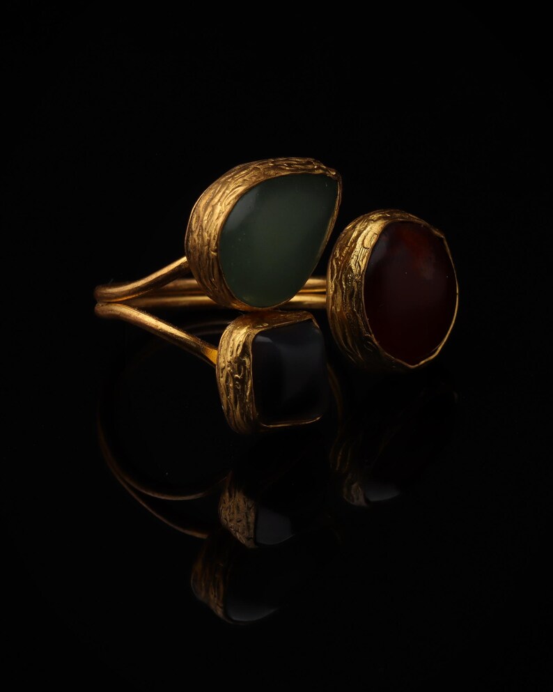Sage Green and Burgundy Gothic Ring, 22K Gold-Plated Adjustable Style image 2
