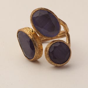 Purple Three Stone Ring, 22K Gold-Plated Adjustable Setting image 8