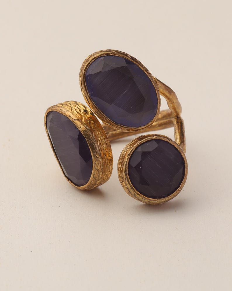 Purple Three Stone Ring, 22K Gold-Plated Adjustable Setting image 8