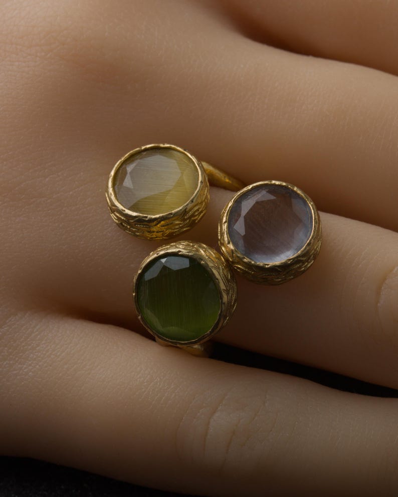 Orange and Green Boho Ring, 22K Gold-Plated Art Nouveau Band image 10