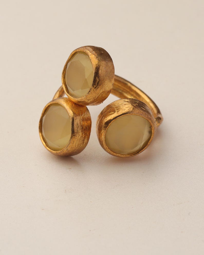 22K Gold-Plated Three Stone Ring, Cottagecore Ring, Whimsical Ring, Unique Ring, Ochre and Umber Ring, Colorful Ring image 9