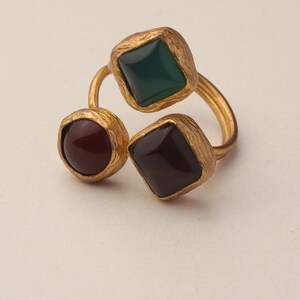 Red and Teal Adjustable Ring, 22K Gold-Plated Statement Piece image 8