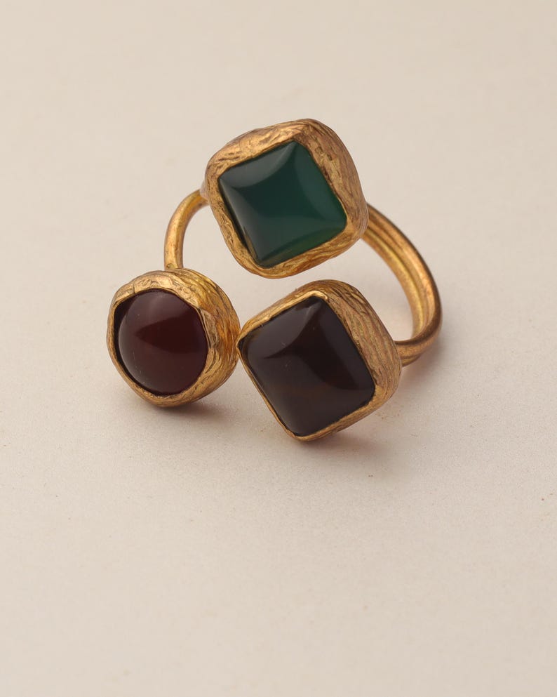 Red and Teal Adjustable Ring, 22K Gold-Plated Statement Piece image 8