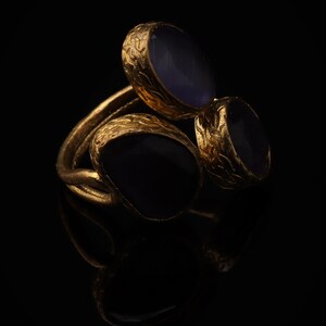 Purple Three Stone Ring, 22K Gold-Plated Adjustable Setting image 2