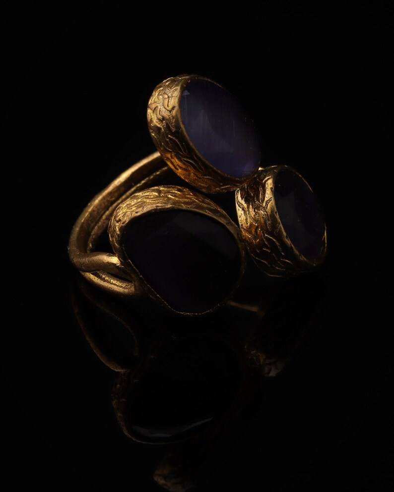 Purple Three Stone Ring, 22K Gold-Plated Adjustable Setting image 2