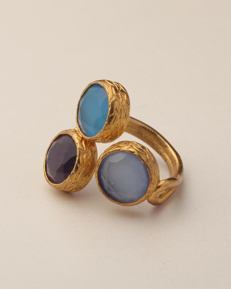 Cottagecore Ring, 22K Gold-Plated Ring, Denim Blue and Navy Ring, Turkish Ring, Ornate Ring, Art Deco Ring, Vintage Ring image 9