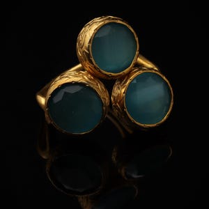 Colorful Ring, Teal and Sea Green Ring, Boho Ring, Cluster Ring, 22K Gold-Plated Ring, Art Deco Ring, Cat Eye Ring image 1