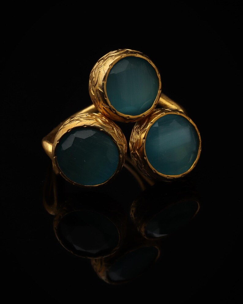Colorful Ring, Teal and Sea Green Ring, Boho Ring, Cluster Ring, 22K Gold-Plated Ring, Art Deco Ring, Cat Eye Ring image 1