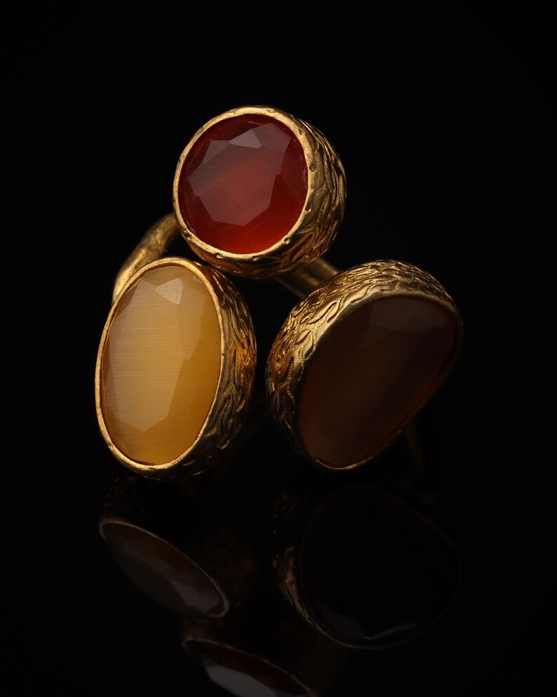 Red and Brown Cocktail Ring, 22K Gold-Plated Boho Band image 3