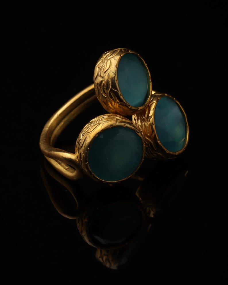 Colorful Ring, Teal and Sea Green Ring, Boho Ring, Cluster Ring, 22K Gold-Plated Ring, Art Deco Ring, Cat Eye Ring image 2