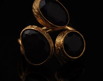 22K Gold-Plated Adjustable Ring, Statement Ring, Cluster Ring, Raven Black and Honey Ring, Gothic Ring, Whimsigoth Ring