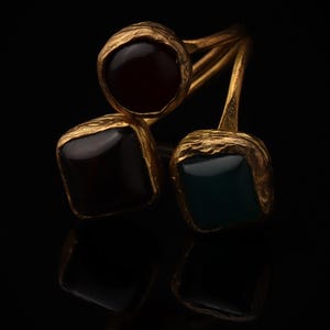 Red and Teal Adjustable Ring, 22K Gold-Plated Statement Piece image 4