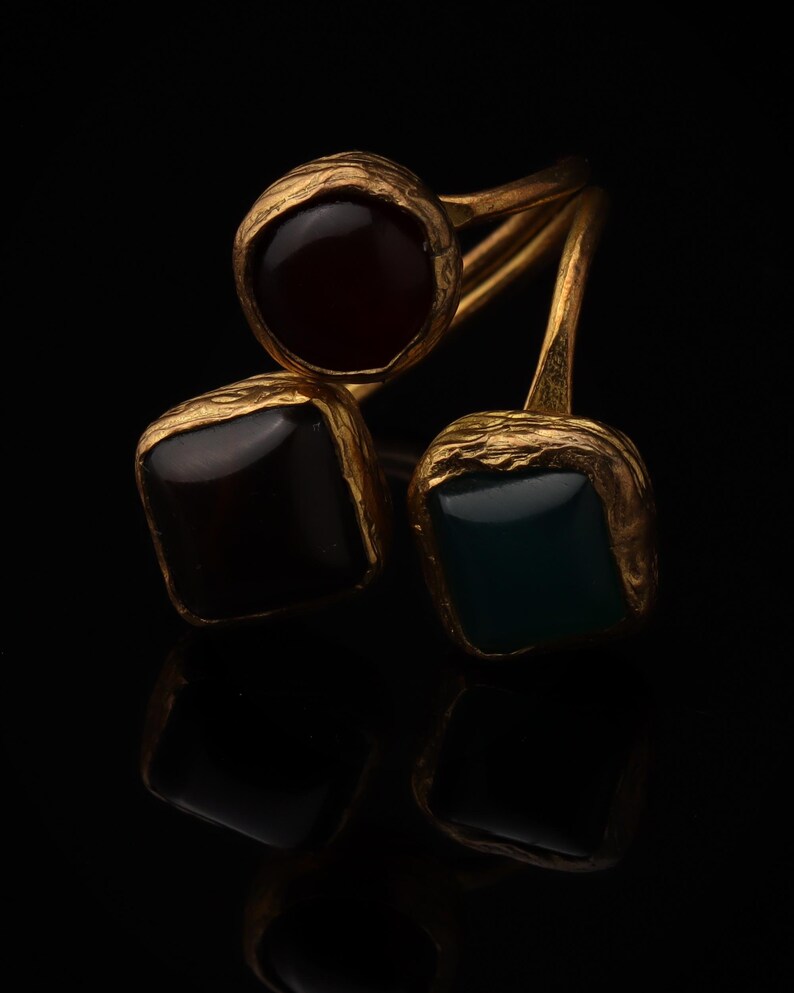 Red and Teal Adjustable Ring, 22K Gold-Plated Statement Piece image 4