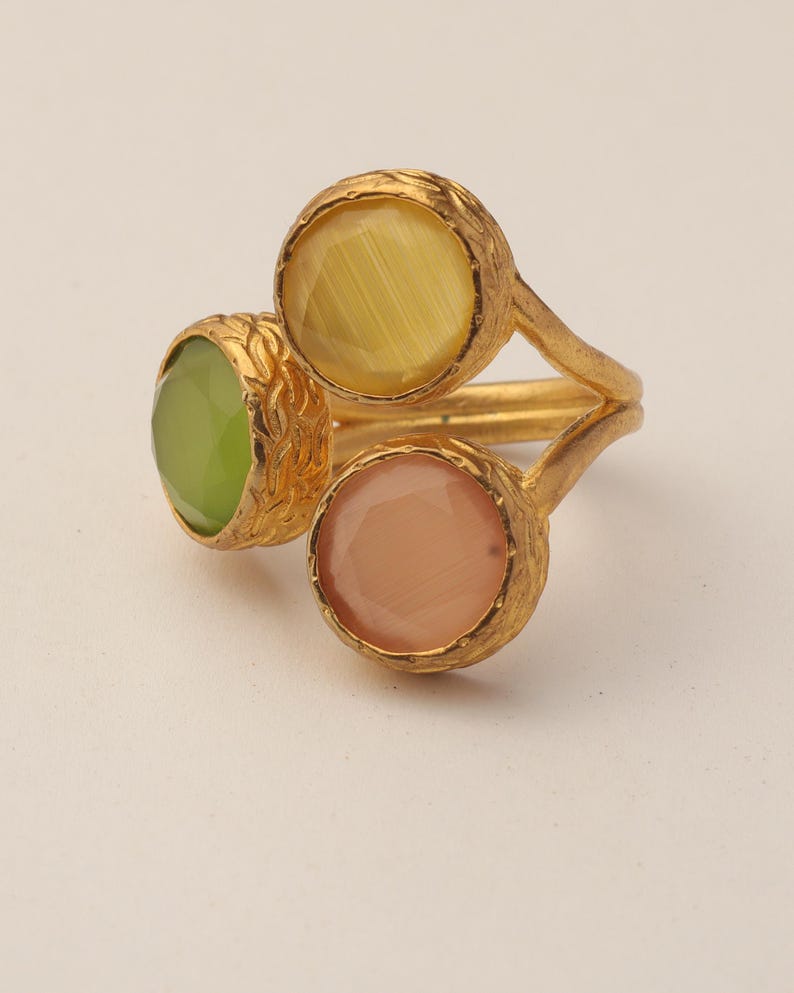 Orange and Green Statement Ring, 22K Gold-Plated Adjustable Band image 9