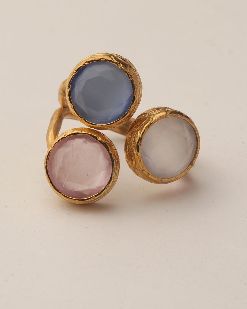 Pink and Grey Art Deco Ring, 22K Gold-Plated Adjustable Piece 画像 6
