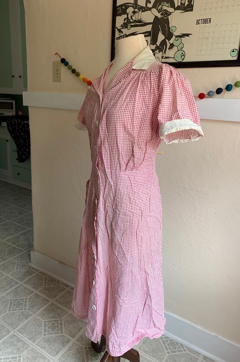 1930's Vintage Cotton House Red Gingham Dress//30s
