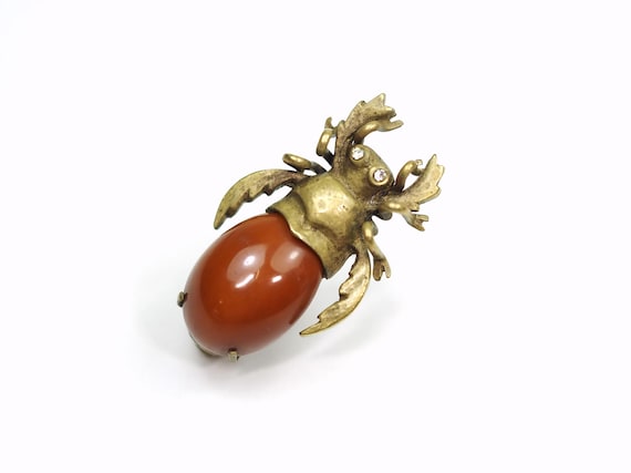 French Art Deco Cast Bronze Bakelite & Strass Beetle Brooch-ca.1930s