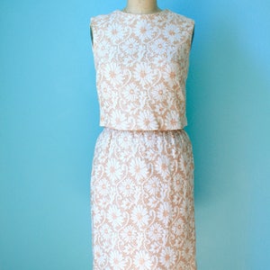 vintage 60s peach and cream / pale pink / two-piece lace overlay dress / size xsmall small / mad men style image 2