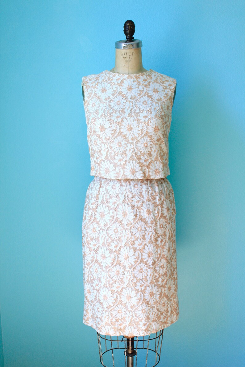 vintage 60s peach and cream / pale pink / two-piece lace overlay dress / size xsmall small / mad men style image 2