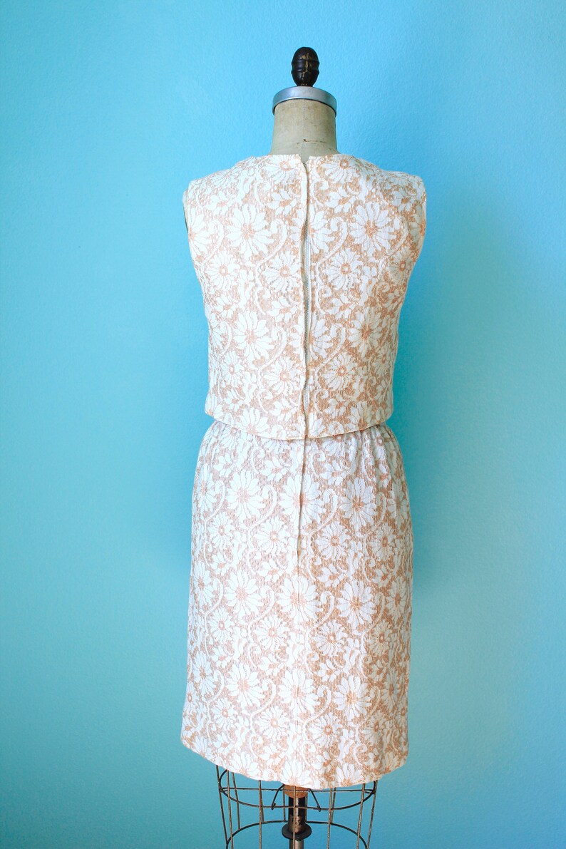 vintage 60s peach and cream / pale pink / two-piece lace overlay dress / size xsmall small / mad men style image 3