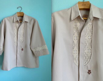 vintage Men's Hawaiian wedding shirt / Beau Tiki by Iolani Hawaii / beige and cream / lace detail / aloha wear / island style / XLarge XL