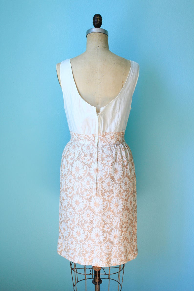 vintage 60s peach and cream / pale pink / two-piece lace overlay dress / size xsmall small / mad men style image 6