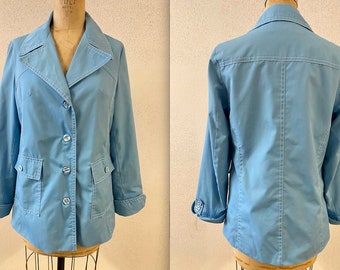 vintage 70s 80s womens baby blue trench jacket / blue and white contrast stitching / Jerold Jrs / size XS to S / super cute novelty bright