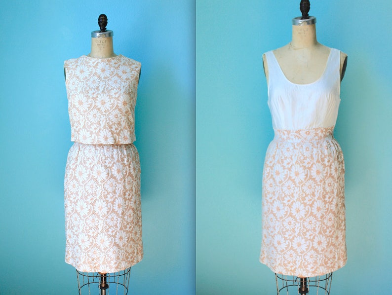 vintage 60s peach and cream / pale pink / two-piece lace overlay dress / size xsmall small / mad men style image 1