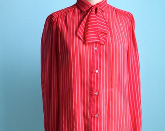 vintage red and white pinstriped sheer secretary blouse / bow tie / size 11 / medium to large