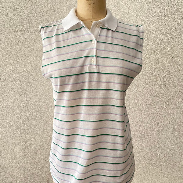 Vintage 80s women’s sleeveless preppy striped polo shirt / tennis shirt size small to medium