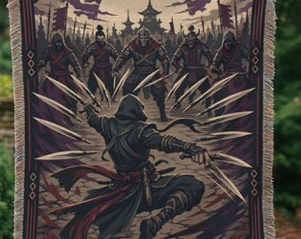 Rogue Assassin Fantasy Gaming Woven Blanket, Dark Ninja Battle Tapestry, Action RPG Warrior Throw BLAN0811
