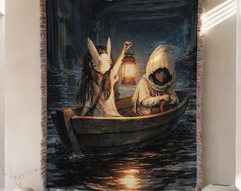 Reanimal Dark Horror Gamer Blanket, Indie Survival Fantasy Woven Throw, Gothic Boat Scene Art, Cinematic Game Room Decor BLAN0073