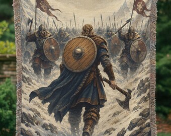 Viking Warrior Fantasy Gaming Woven Blanket, Snowy Battle Tapestry Throw for RPG Gamer Wall Decor BLAN0814