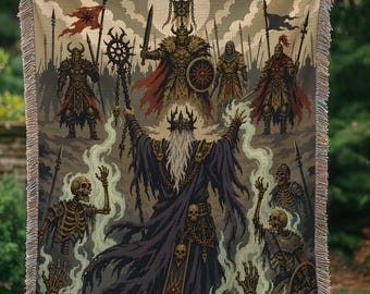 Necromancer Fantasy Gaming Woven Blanket, Dark Undead Army Battle Tapestry for RPG Dungeon Decor BLAN0813