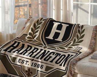 Personalized Family Crest Blanket, Custom Monogram Name Throw, Established Heritage Gift BLAN0157
