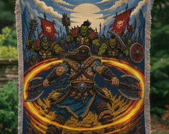 Barbarian Fantasy Gaming Woven Blanket, Orc Horde Battle Tapestry, Whirlwind Axe Warrior Throw BLAN0812