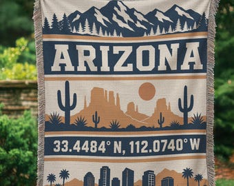 Personalized State Blanket, Custom City Coordinates Mountain Desert Woven Throw, Travel Home State Gift BLAN0326