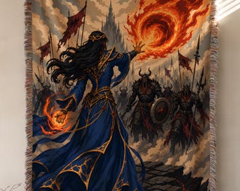 Fire Sorceress Fantasy Gaming Woven Blanket, Dark Army Battle Wall Tapestry Throw BLAN0823