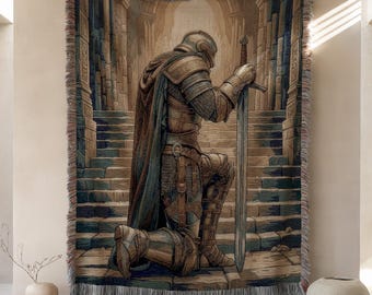 Knight Prayer Woven Blanket, Dark Fantasy Blanket, Medieval Knight Throw, Elden Ring Style Decor, Gamer Gift, Warrior Art BLAN0087