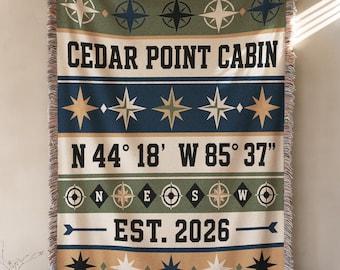 Personalized Cabin Blanket, Custom Cabin Name Coordinates Compass Woven Throw, Rustic Family Cabin Gift BLAN0183