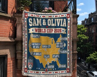 Personalized Soccer Summer 2026 Woven Cotton Blanket, Sam & Olivia Host City Map Fan Keepsake Throw BLAN0707